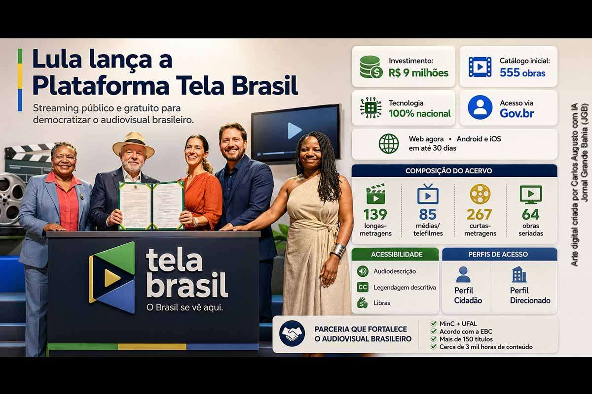 O presidente Lula lançou, em 30/05/2026, no Rio de Janeiro, a Plataforma Tela Brasil, streaming público e gratuito dedicado ao audiovisual nacional. Desenvolvida pelo MinC com apoio da UFAL, a iniciativa recebeu cerca de R$ 9 milhões e reúne inicialmente 555 obras. A plataforma terá acesso via Gov.br, recursos de acessibilidade e cooperação com a EBC para ampliar o acervo público.