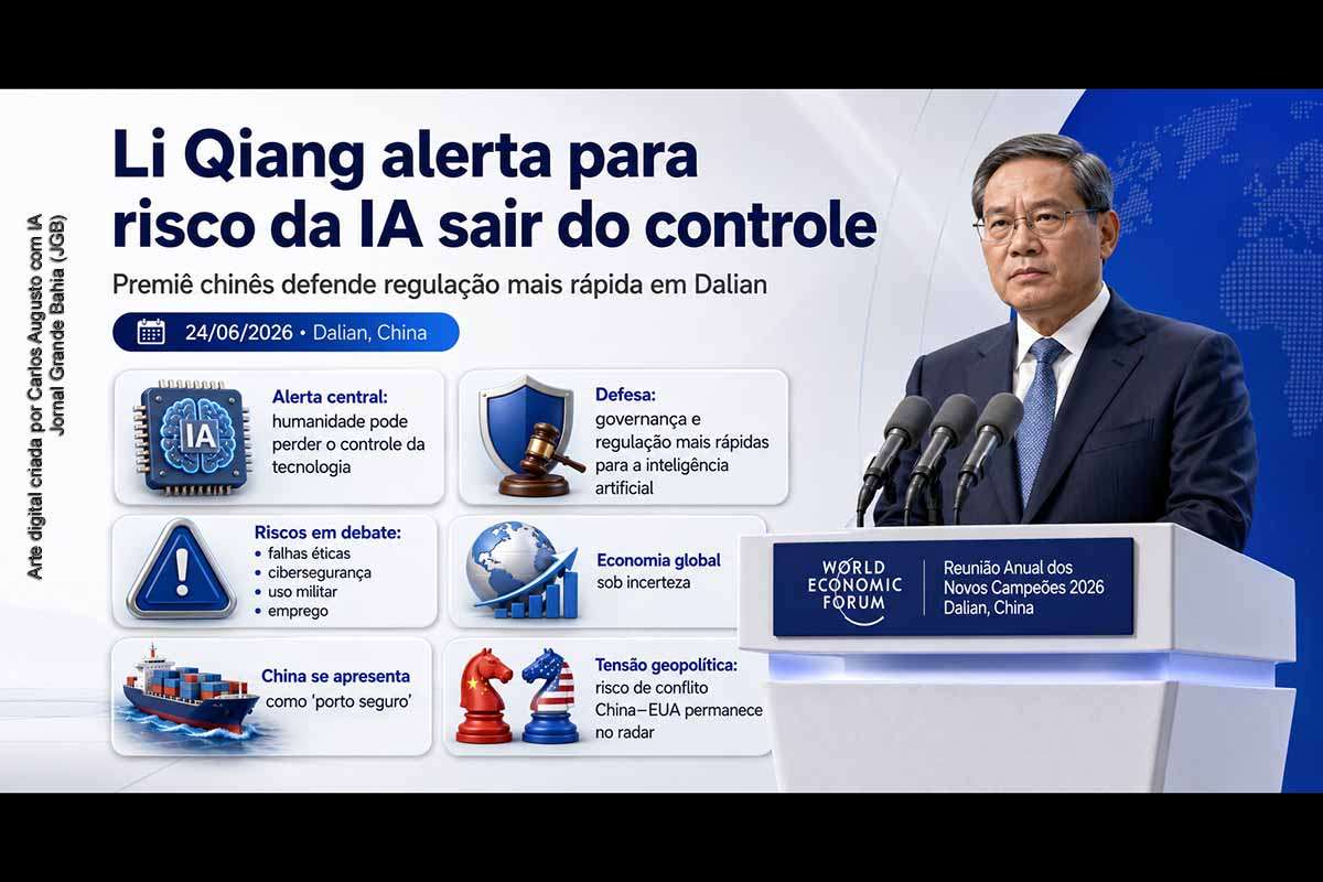 O primeiro-ministro chinês Li Qiang alertou, em Dalian, que a inteligência artificial pode sair do controle se a governança internacional não acompanhar o avanço tecnológico. No Davos de Verão, o premiê defendeu regulação mais rápida para tecnologias de ponta, em meio à desaceleração da economia global, à instabilidade geopolítica e à rivalidade entre China e Estados Unidos. O tema expõe riscos econômicos, éticos e institucionais da nova ordem digital.
