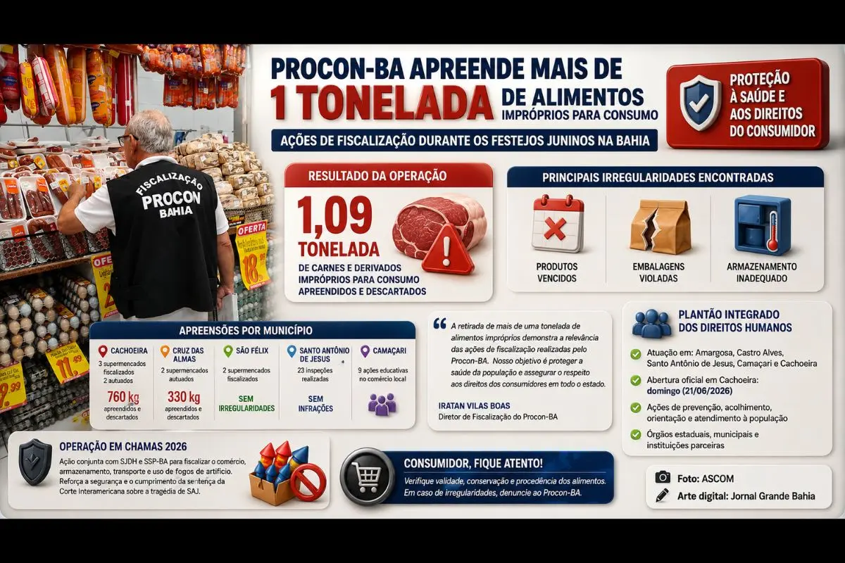 Operação integrada identificou irregularidades em supermercados de municípios do Recôncavo Baiano e reforçou ações de proteção à saúde dos consumidores durante o São João.