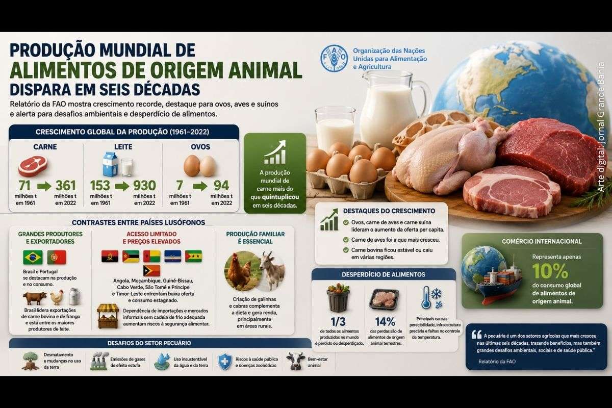Relatório mostra avanço da produção de carne, leite e ovos desde 1961, destaca o papel do Brasil no mercado global e alerta para impactos ambientais e perdas alimentares.