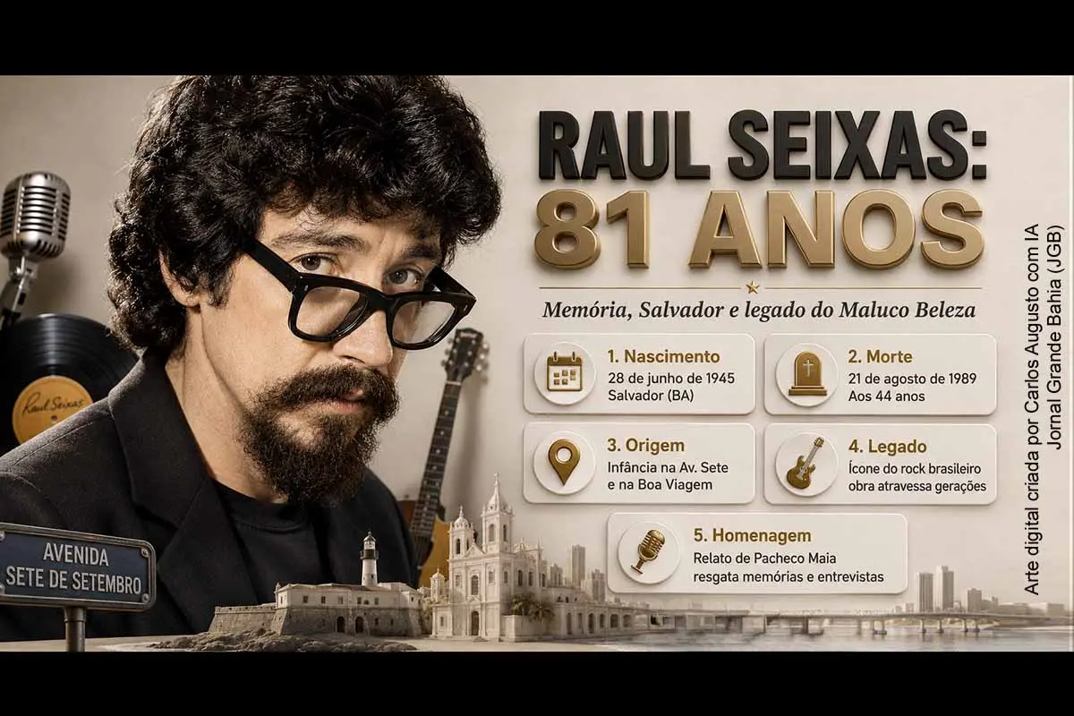 Raul Seixas completaria 81 anos em 28/06/2026. Em relato memorialístico, Pacheco Maia recupera histórias da infância do artista em Salvador, entrevistas com Maria Eugênia Santos Seixas, lembranças da Avenida Sete, da Boa Viagem e episódios familiares. A reportagem corrige a data relativa à morte do cantor, contextualiza sua permanência cultural e destaca a importância de preservar acervos, testemunhos e pesquisas sobre o Maluco Beleza.