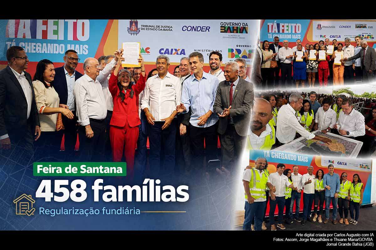 A entrega de 458 títulos de regularização fundiária beneficiou famílias da Lagoa Grande e da Rocinha, em Feira de Santana, durante solenidade com participação do governador Jerônimo Rodrigues, do prefeito José Ronaldo, do TJBA, da Conder e da Sedur. A ação garante propriedade formal dos imóveis, amplia segurança jurídica e integra projeto maior que prevê a regularização de 3.382 imóveis na região.