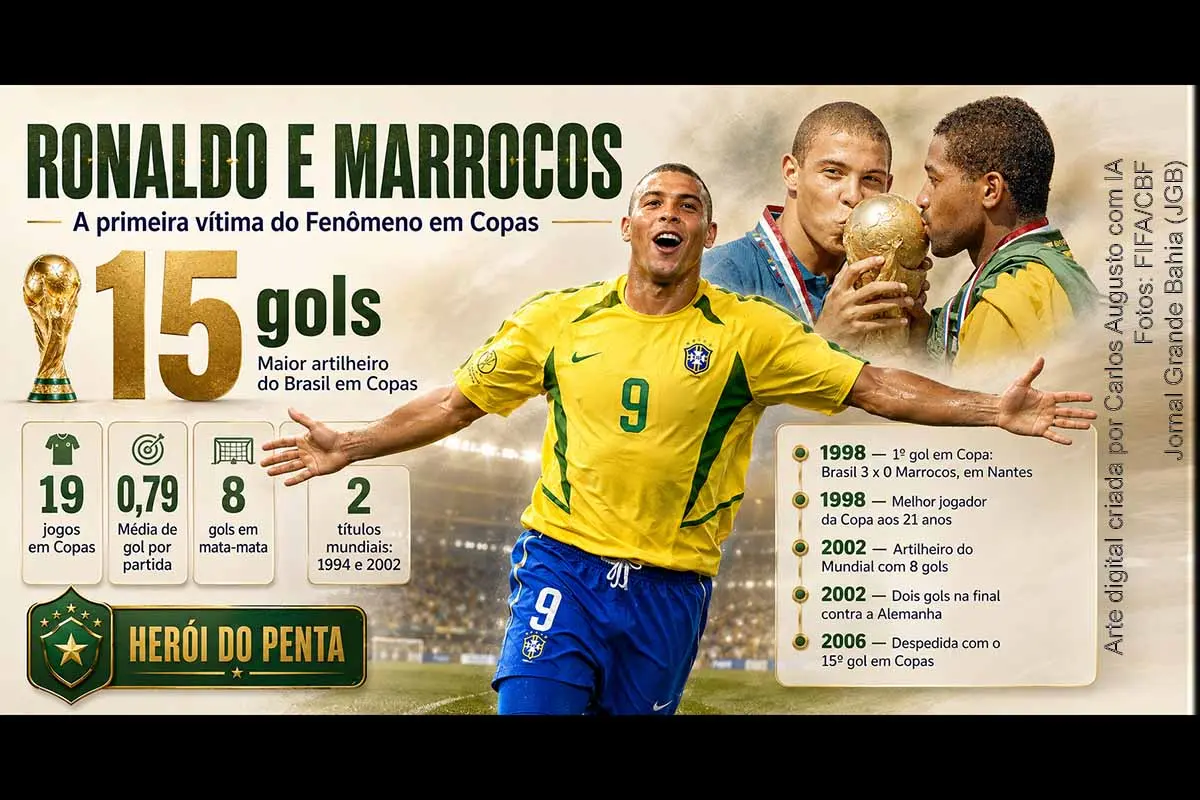 Ronaldo marcou contra o Marrocos, na Copa de 1998, o primeiro de seus 15 gols em Mundiais, marca que o mantém como maior artilheiro brasileiro da competição. Bicampeão mundial em 1994 e 2002, o Fenômeno disputou 19 jogos de Copa, decidiu partidas eliminatórias e foi protagonista do pentacampeonato, especialmente na final contra a Alemanha, quando marcou os dois gols da vitória brasileira.