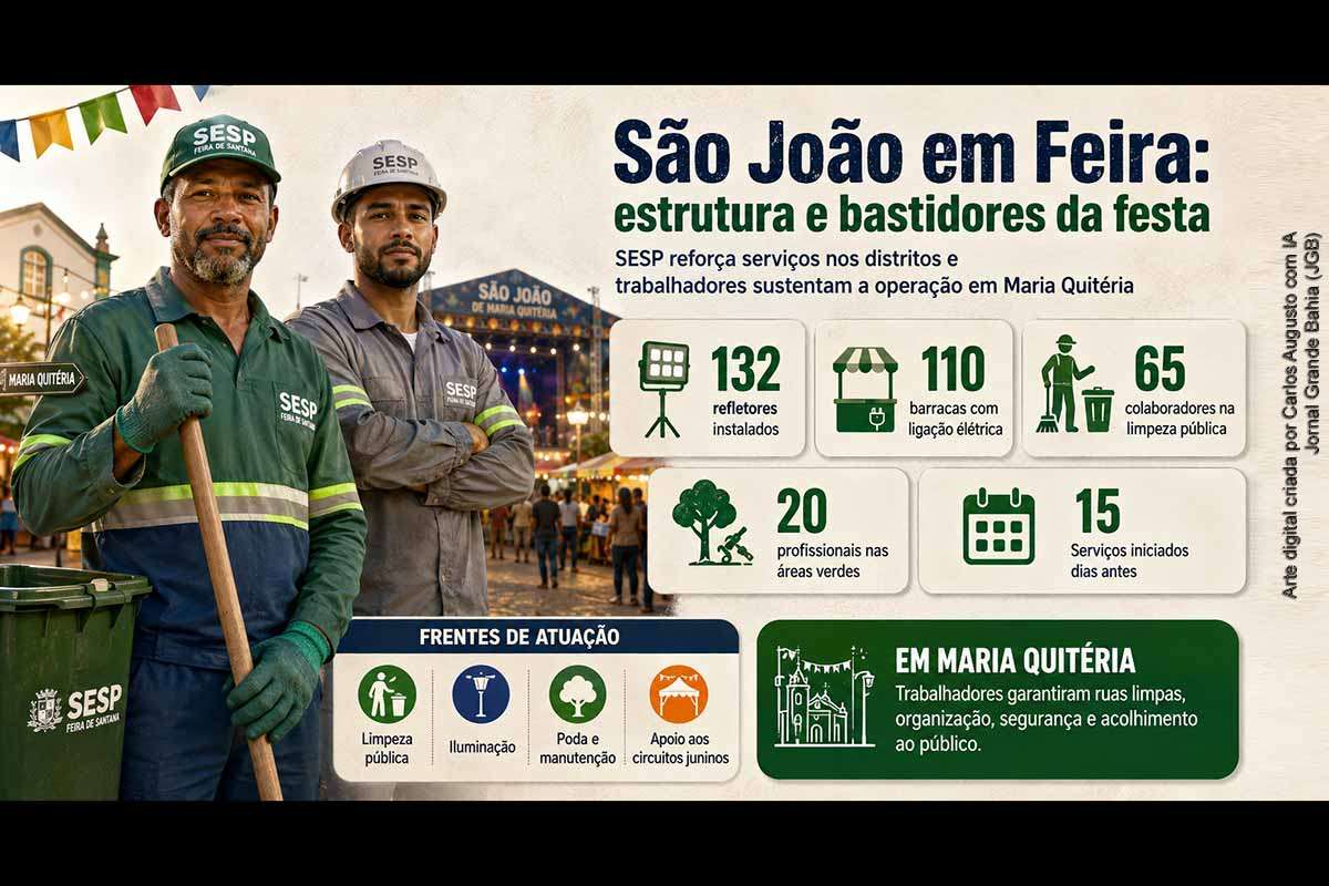 A Prefeitura de Feira de Santana mobilizou equipes da SESP para reforçar limpeza, iluminação, poda e manutenção nos distritos durante o São João 2026. A operação incluiu 132 refletores, ligação elétrica de 110 barracas e atuação de dezenas de trabalhadores. Em Maria Quitéria, garis, agentes de trânsito e jornalistas marcaram os bastidores da festa, evidenciando a importância da infraestrutura pública para eventos populares.