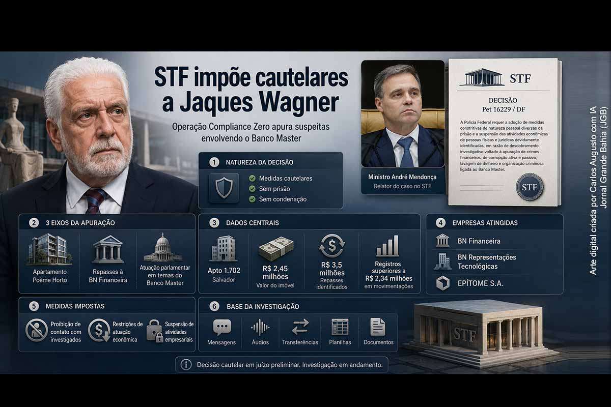 STF impõe medidas cautelares a Jaques Wagner em nova etapa da Operação Compliance Zero, que apura suspeitas envolvendo Banco Master, imóvel em Salvador, repasses financeiros e atuação parlamentar.