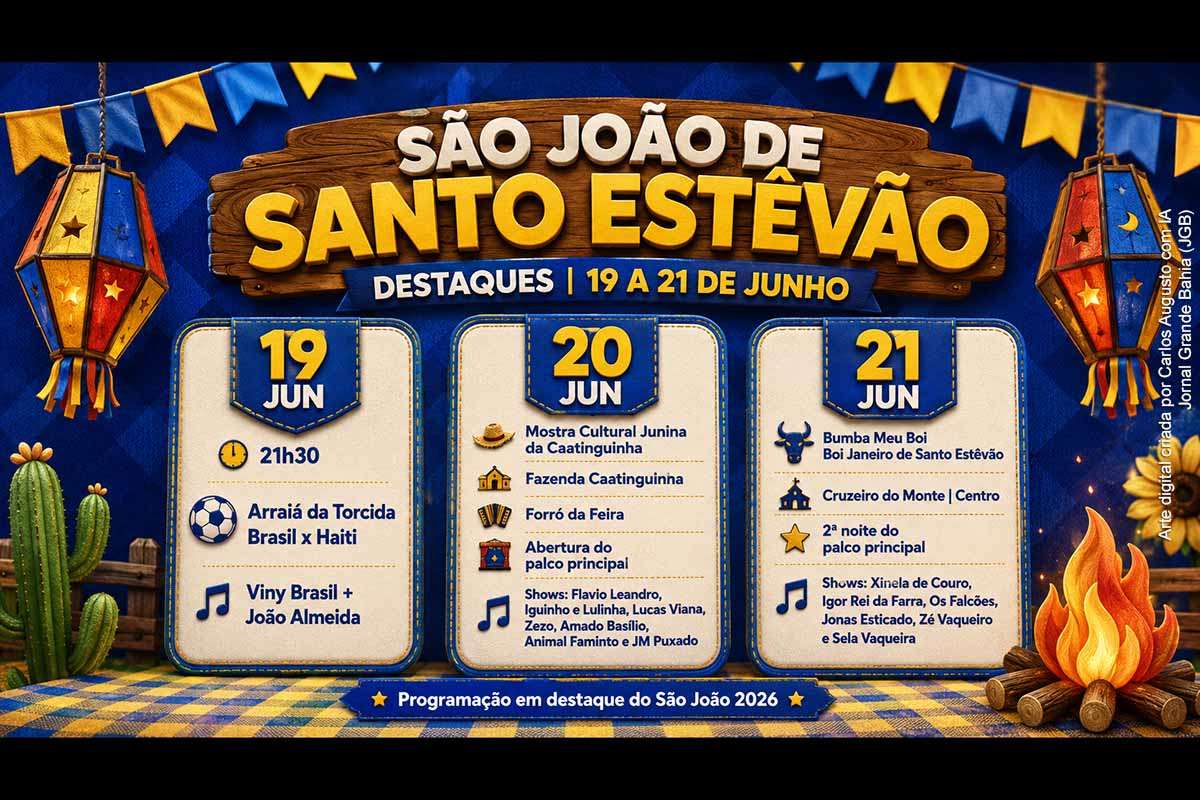 O São João 2026 de Santo Estêvão concentra, entre 19 e 21 de junho, uma agenda estratégica com Arraiá da Torcida, transmissão de Brasil x Haiti, apresentações de Viny Brasil e João Almeida, Mostra Cultural Junina da Caatinguinha, Forró da Feira, abertura do palco principal, Bumba Meu Boi e shows de artistas como Flavio Leandro, Iguinho e Lulinha, Zezo, Jonas Esticado e Zé Vaqueiro.