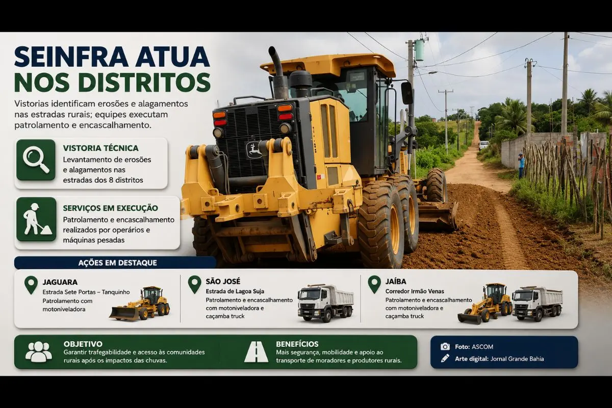 Secretaria de Infraestrutura mantém equipes em campo para identificar áreas afetadas pelas chuvas e executar serviços de patrolamento e encascalhamento nas estradas da zona rural.
