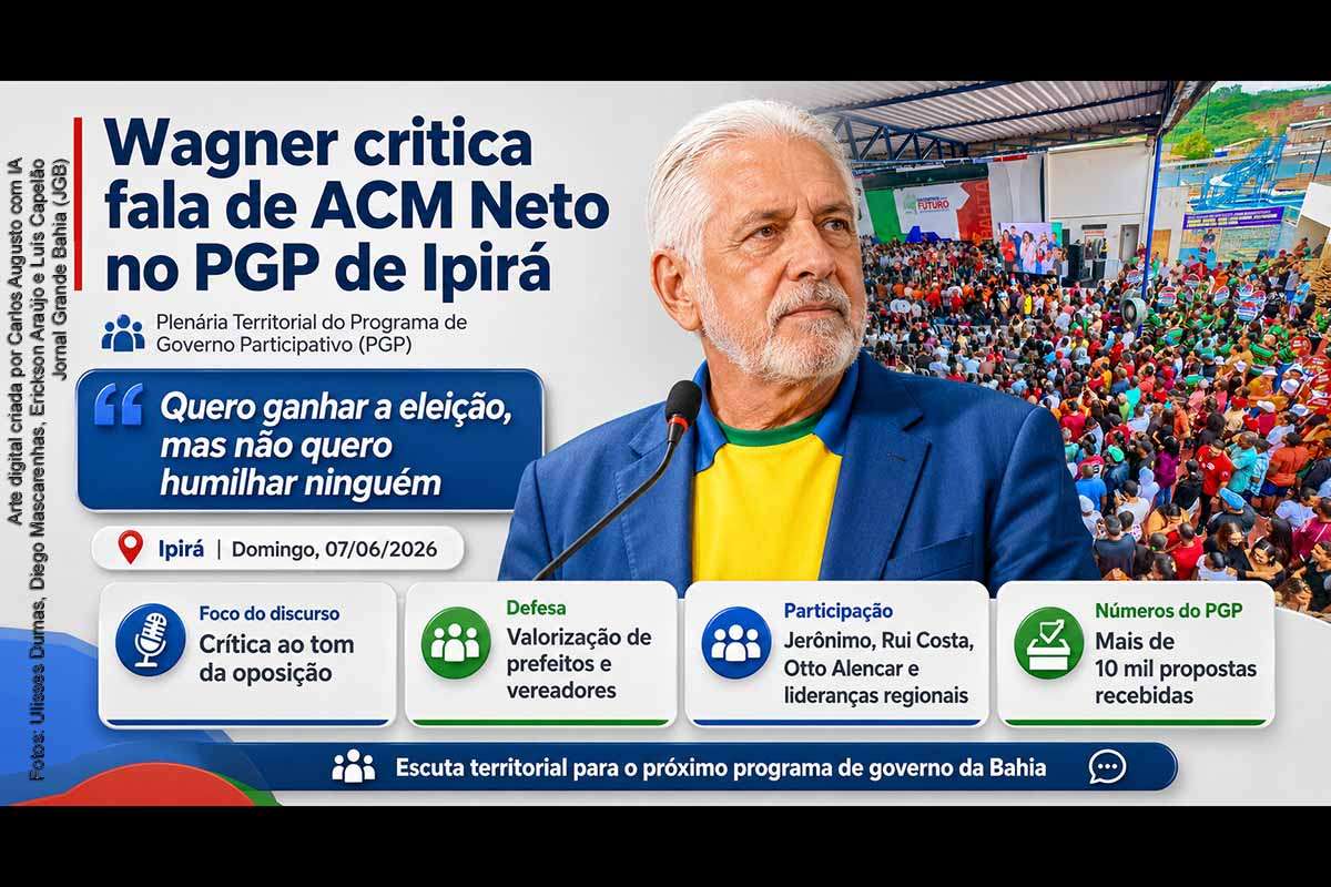 Jaques Wagner criticou declarações atribuídas a ACM Neto durante plenária do PGP em Ipirá, neste domingo (07/06/2026), e afirmou que deseja vencer a eleição ao lado de Jerônimo Rodrigues e Lula sem humilhar adversários. O senador também defendeu prefeitos e vereadores, valorizou o municipalismo e destacou que mais de 10 mil propostas já foram recebidas para a construção do próximo programa de governo.
