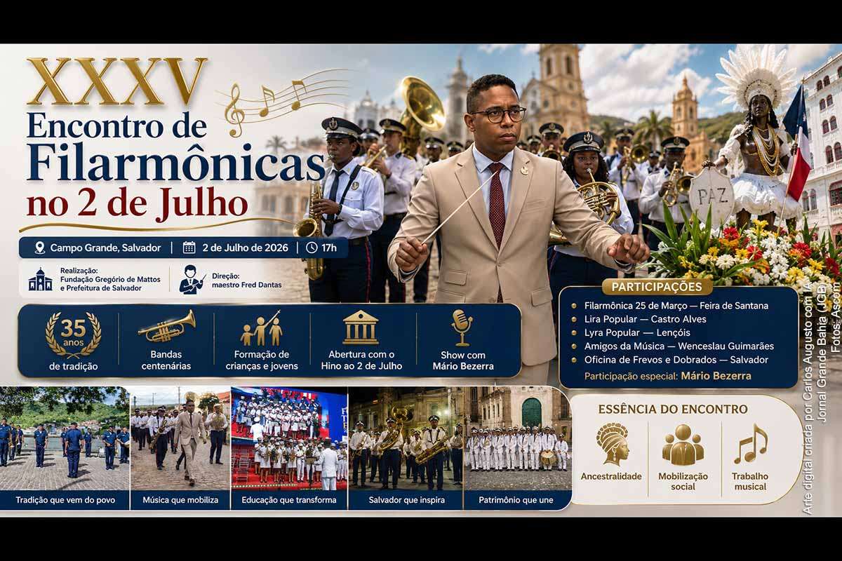 O XXXV Encontro de Filarmônicas no 2 de Julho será realizado em 02/07/2026, às 17h, no Campo Grande, em Salvador, com direção do maestro Fred Dantas. A programação reunirá bandas de Feira de Santana, Castro Alves, Lençóis, Wenceslau Guimarães e Salvador, além de show com Mário Bezerra. O evento valoriza tradição cívica, formação musical, memória cultural e renovação das filarmônicas baianas.