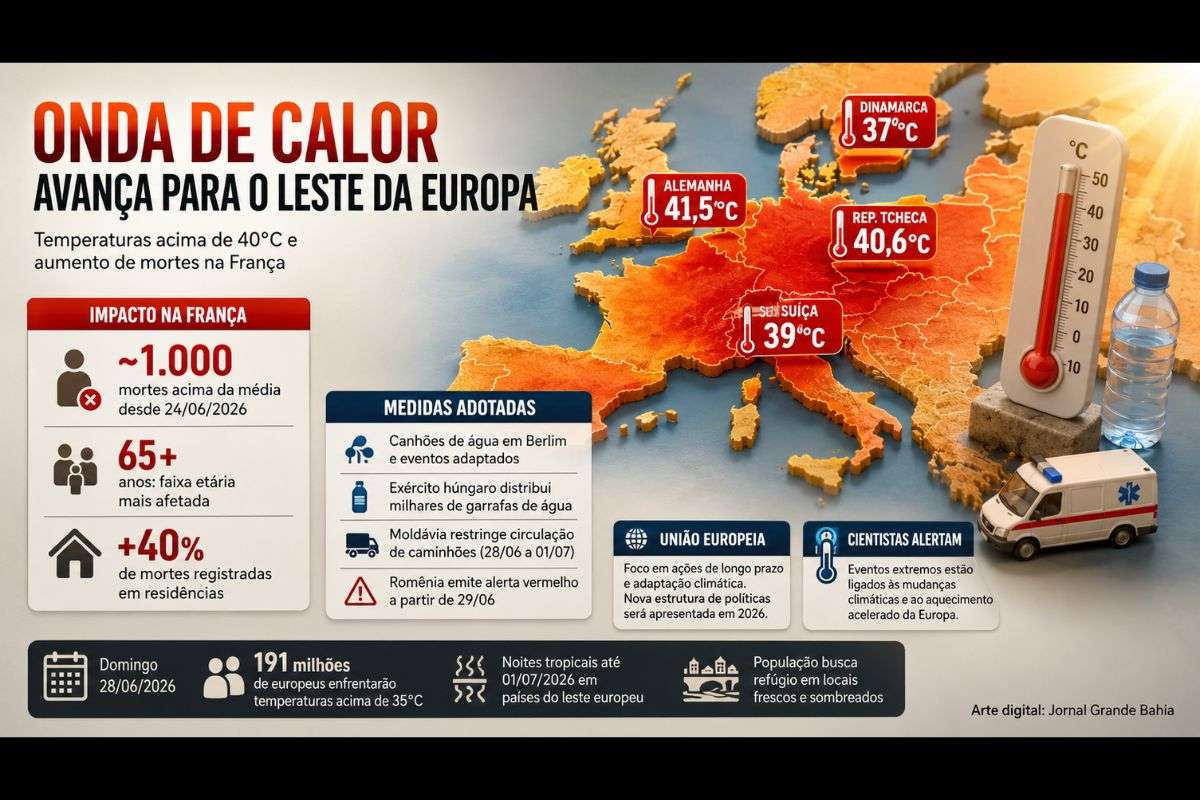 Países da Europa Central e Oriental enfrentam temperaturas superiores a 40°C, enquanto autoridades ampliam medidas de resposta e cientistas reforçam alertas sobre as mudanças climáticas.