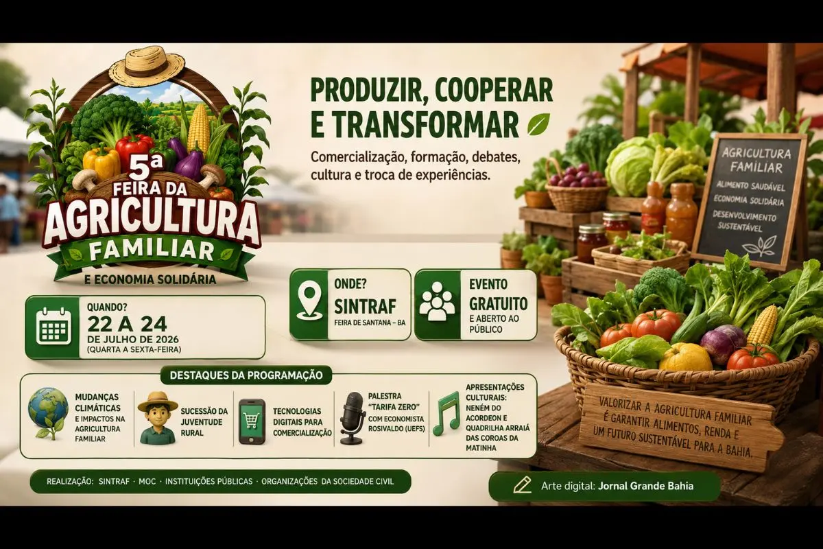 Evento gratuito acontece entre quarta-feira (22/07/2026) e sexta-feira (24/07/2026), no SINTRAF, com programação voltada à agricultura familiar, economia solidária, inovação, comercialização e desenvolvimento rural.
