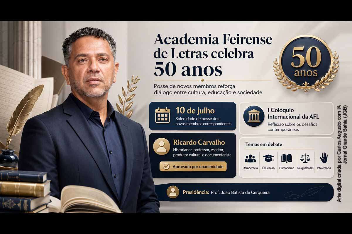 A Academia Feirense de Letras celebra seus 50 anos com a posse de novos membros correspondentes, entre eles o historiador, professor, escritor, produtor cultural e documentarista Ricardo Carvalho. Eleito por unanimidade, Carvalho foi reconhecido por sua contribuição à cultura e à educação. A programação inclui o I Colóquio Internacional da AFL, voltado a temas como democracia, desigualdades, intolerância, educação e humanismo.