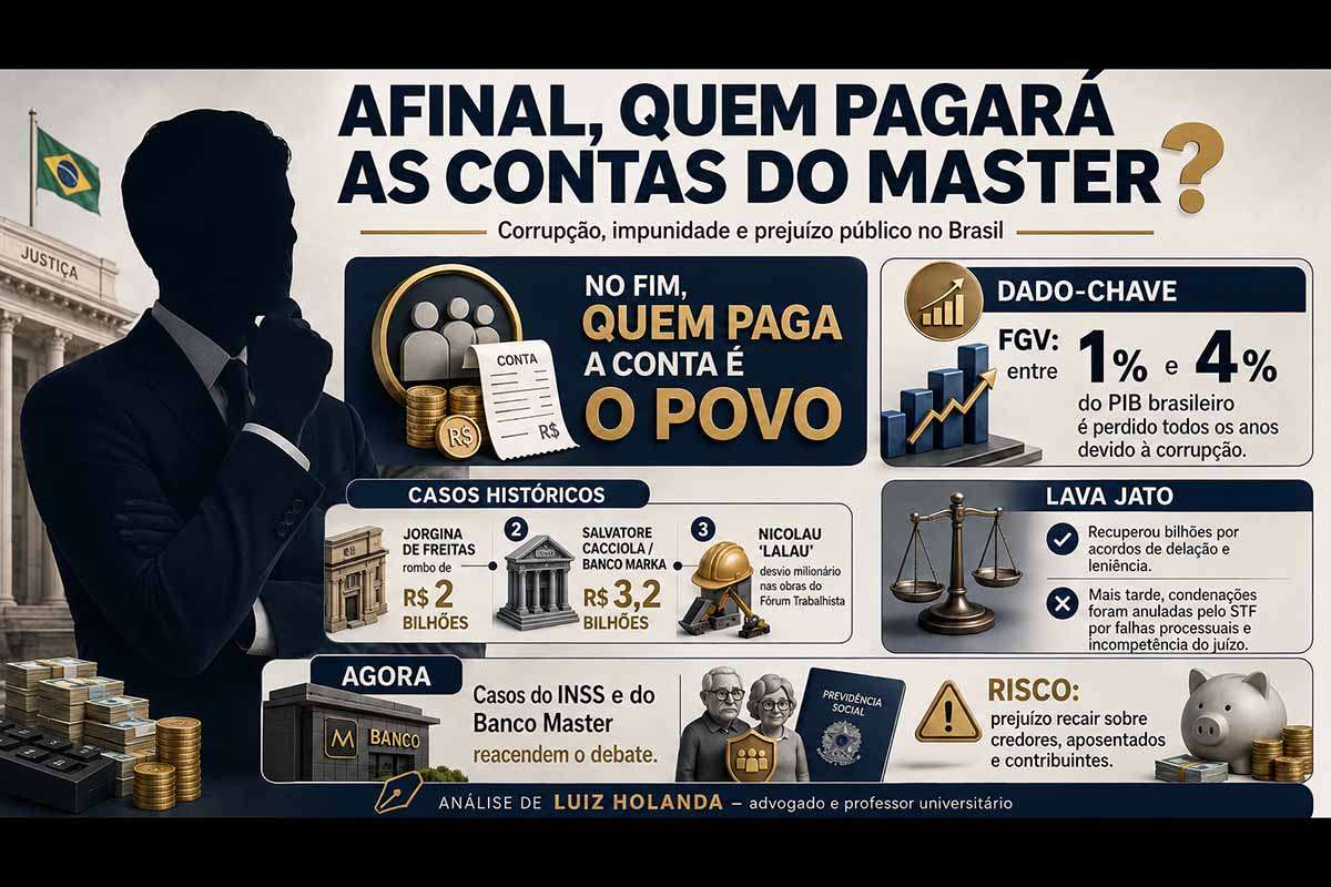 Luiz Holanda revisita escândalos envolvendo Jorgina de Freitas, Salvatore Cacciola, Nicolau dos Santos Neto e a Operação Lava Jato para analisar a permanência da corrupção no Brasil. O artigo relaciona esses episódios às investigações sobre fraudes no INSS e irregularidades atribuídas ao Banco Master. Na avaliação do autor, a repetição dos casos e a fragilidade da responsabilização fazem com que os prejuízos terminem transferidos aos credores, aposentados e contribuintes.