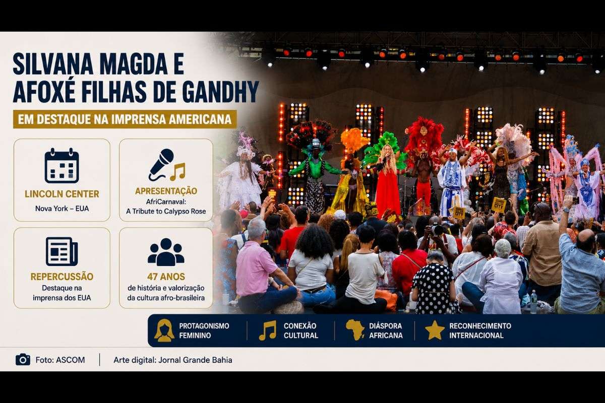 Performance da cantora e fundadora do grupo durante o AfriCarnaval amplia a projeção internacional do Afoxé Filhas de Gandhy e destaca a cultura afro-brasileira na imprensa norte-americana.