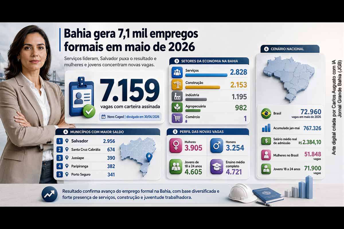 A Bahia gerou 7.159 empregos formais em maio de 2026, segundo o Novo Caged, com saldo positivo nos cinco grandes setores econômicos. Serviços liderou, seguido por Construção, Indústria, Agropecuária e Comércio. Salvador teve o maior saldo municipal. Mulheres e jovens de 18 a 24 anos concentraram parte relevante das vagas. No Brasil, foram criados 72.960 postos formais, com alta no acumulado anual.
