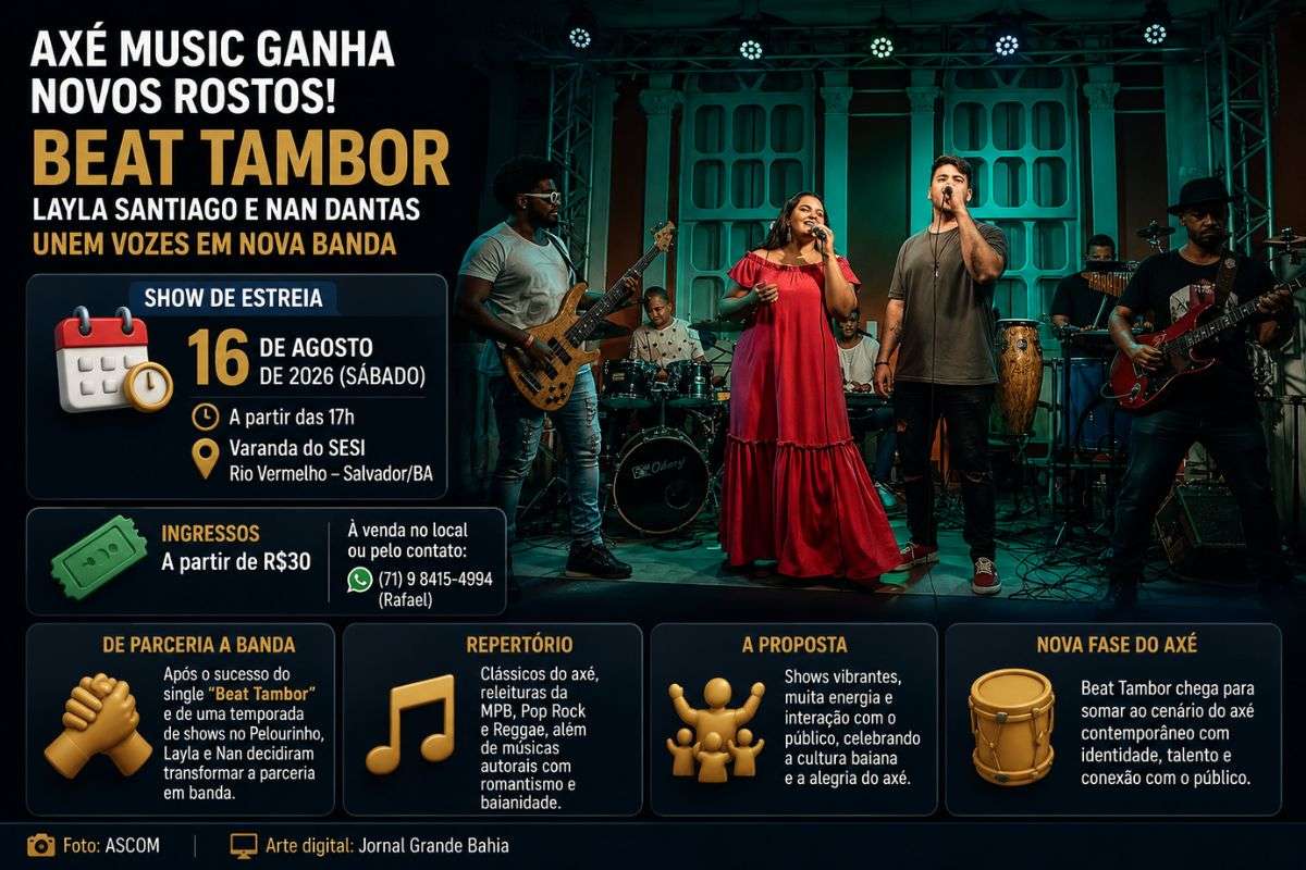 Nova formação do axé baiano realiza show de lançamento no sábado (16/08/2026), na Varanda do SESI, reunindo repertório autoral, clássicos do gênero e releituras da música brasileira.
