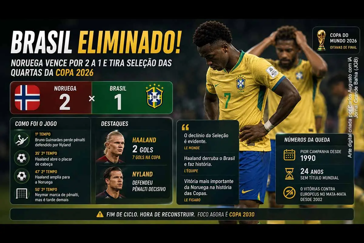 A Seleção Brasileira foi eliminada pela Noruega nas oitavas da Copa do Mundo 2026, após derrota por 2 a 1 em Nova Jersey. Haaland marcou os dois gols noruegueses, Nyland defendeu pênalti de Bruno Guimarães e Neymar descontou tarde demais. O resultado ampliou o jejum brasileiro, provocou críticas da torcida e da imprensa francesa e abriu debate sobre reconstrução, novo ciclo e futuro de Carlo Ancelotti.