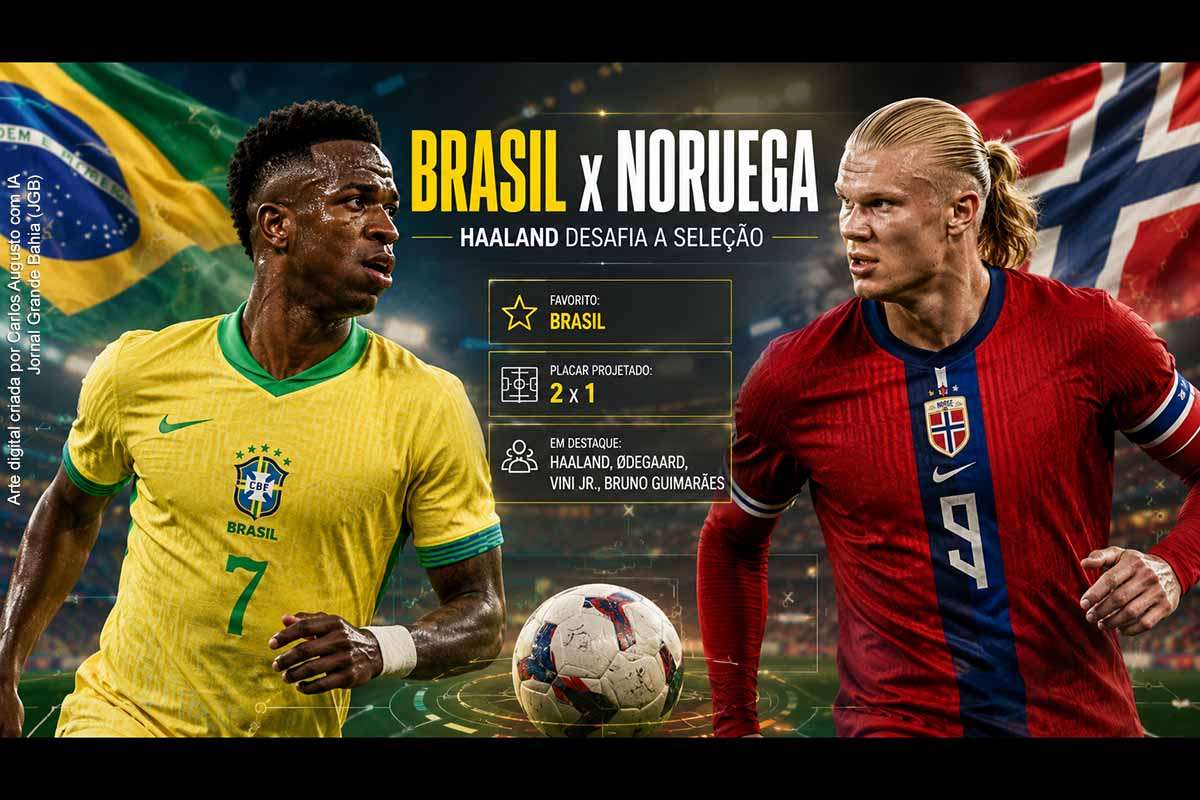 O Brasil enfrentará a Noruega nas oitavas da Copa do Mundo 2026, no domingo, em Nova Jersey. A Seleção chega como favorita, mas terá pela frente Haaland, autor de cinco gols no torneio, e um adversário que nunca perdeu para os brasileiros. A projeção técnica indica Brasil 2 x 1 Noruega, com atenção especial a Vinícius Júnior, Bruno Guimarães, Casemiro, Martinelli, Haaland e Ødegaard.