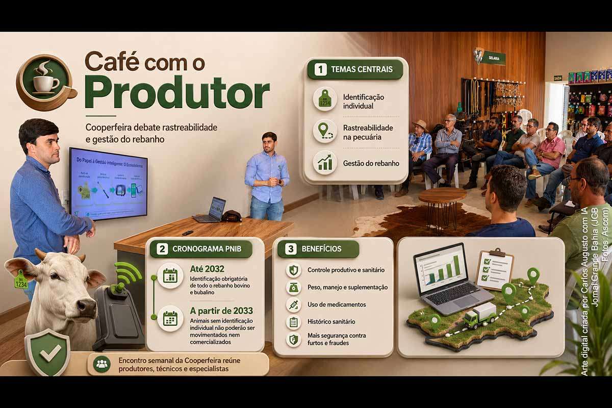 O Café com o Produtor reuniu pecuaristas e técnicos na Cooperfeira, em Feira de Santana, para discutir identificação individual, rastreabilidade e gestão do rebanho. Thiago Tourinho e Gabriel Andrade apresentaram os benefícios do controle eletrônico e o cronograma do PNIB. A implantação será concluída em 2032, e, a partir de 2033, bovinos e búfalos sem identificação e cadastro não poderão ser movimentados no território nacional.