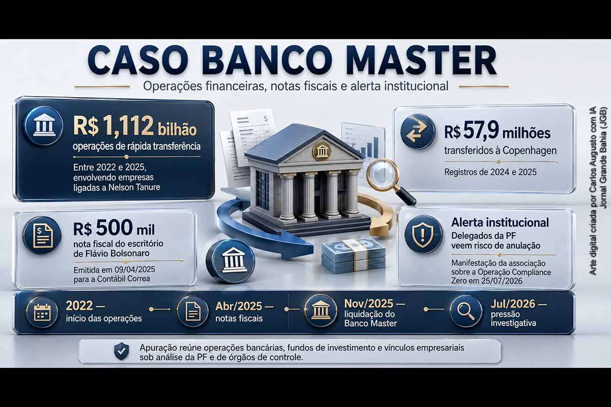 Novas informações sobre o caso Banco Master revelam R$ 1,112 bilhão em operações com empresas ligadas a Nelson Tanure, fundos com créditos inadimplentes e notas fiscais relacionadas ao escritório de Flávio Bolsonaro. O senador nega irregularidades. A Associação Nacional dos Delegados da PF alertou para riscos de anulação da Operação Compliance Zero, enquanto autoridades investigam contratos, beneficiários finais e a origem dos recursos.