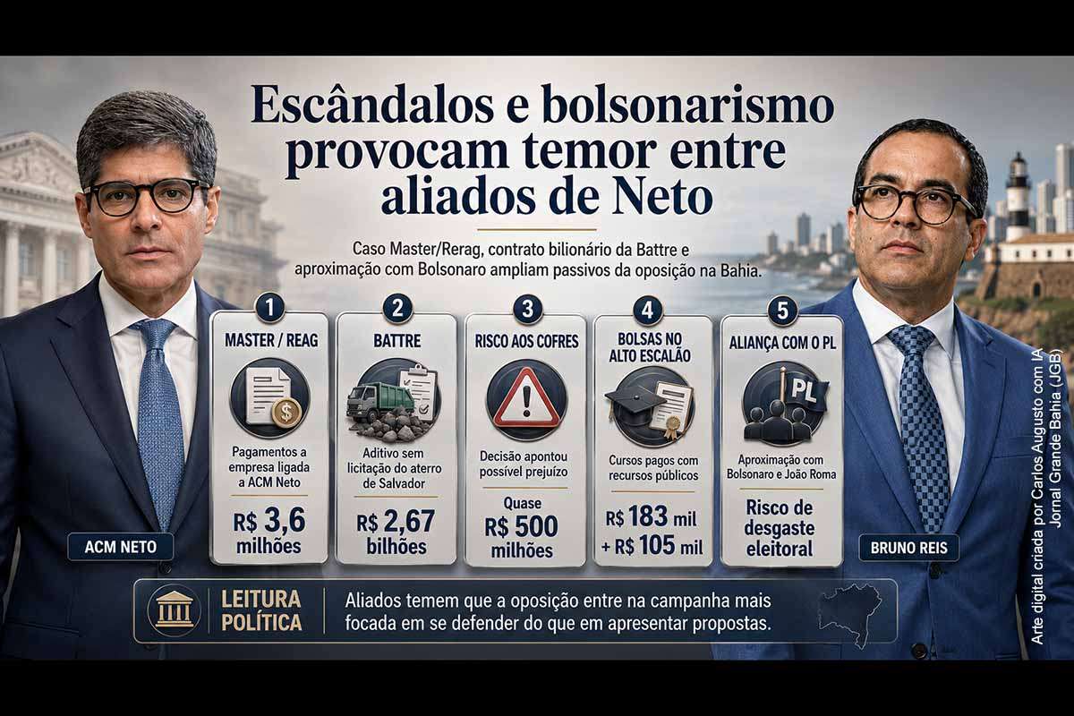 A pré-campanha de ACM Neto ao Governo da Bahia enfrenta pressão crescente após revelações sobre pagamentos do Banco Master e da Reag à A&M Consultoria, decisão judicial que suspendeu efeitos financeiros do contrato de R$ 2,67 bilhões da Battre, questionamentos sobre cursos pagos pela Prefeitura de Salvador e aproximação com o PL. Os casos não representam condenação, mas exigem transparência, respostas institucionais e acompanhamento jornalístico.