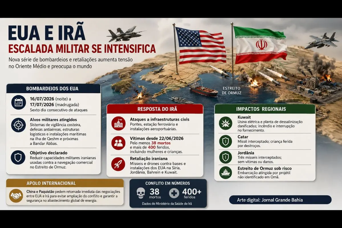 Nova série de ataques americanos amplia tensão regional; Irã acusa Washington de atingir infraestrutura civil e responde com ataques a instalações militares dos Estados Unidos em países do Oriente Médio.