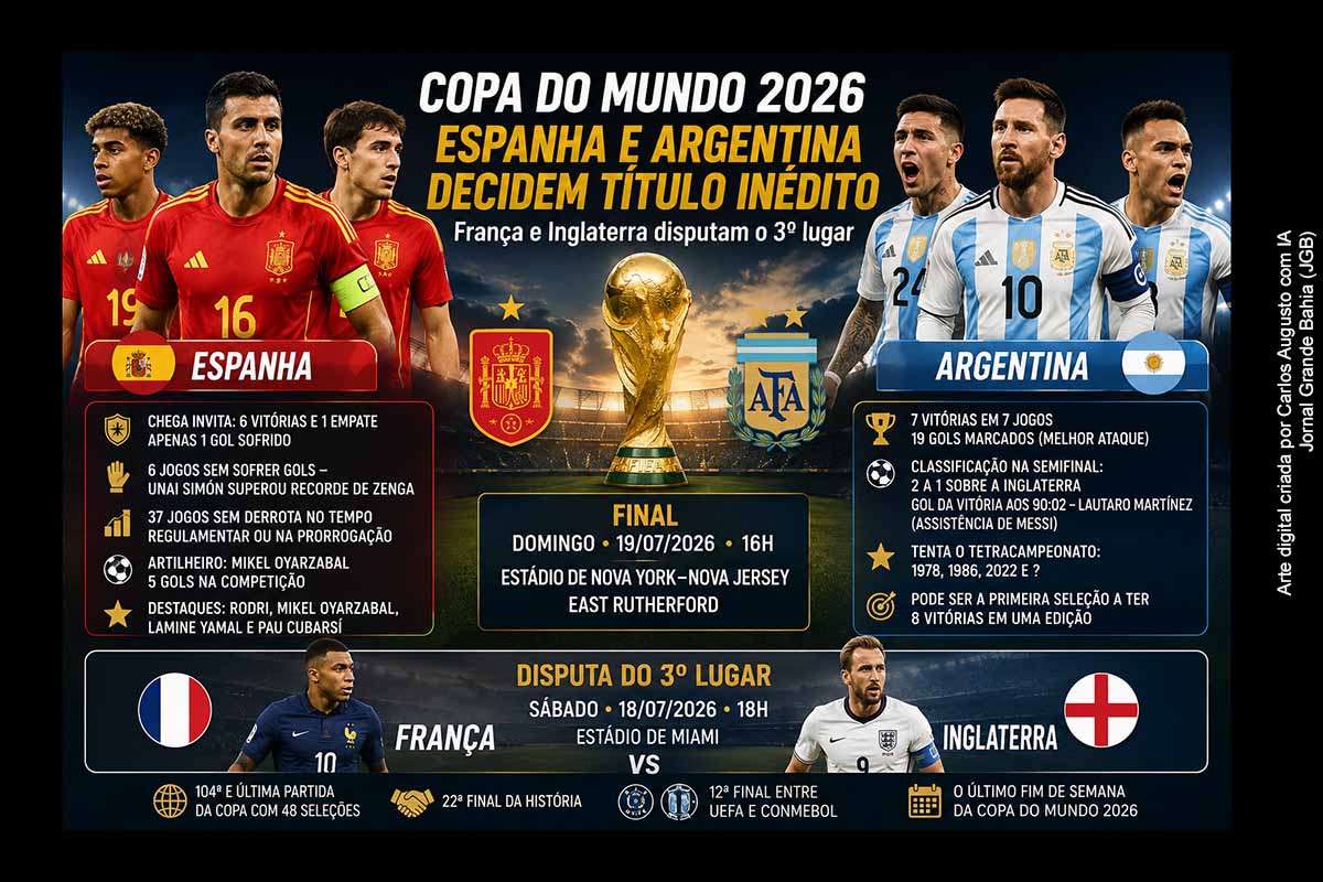 Espanha e Argentina disputam, no domingo (19/07/2026), uma final inédita da Copa do Mundo, em Nova Jersey. A seleção espanhola chega invicta e com a melhor defesa, enquanto os argentinos venceram as sete partidas e marcaram 19 gols. Lionel Messi ampliará recordes históricos diante da geração liderada por Lamine Yamal. No sábado, França e Inglaterra se enfrentam em Miami pela medalha de bronze.