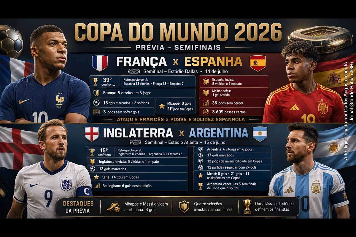 França, Espanha, Inglaterra e Argentina disputam as semifinais da Copa do Mundo 2026 nos dias 14 e 15 de julho. Invictas, as quatro seleções reúnem campanhas consistentes, rivalidades históricas e alguns dos principais jogadores do torneio. Mbappé e Messi dividem a artilharia com oito gols, enquanto Kane e Bellingham lideram a Inglaterra. Os vencedores avançarão à final de 19 de julho, em Nova York/Nova Jersey.