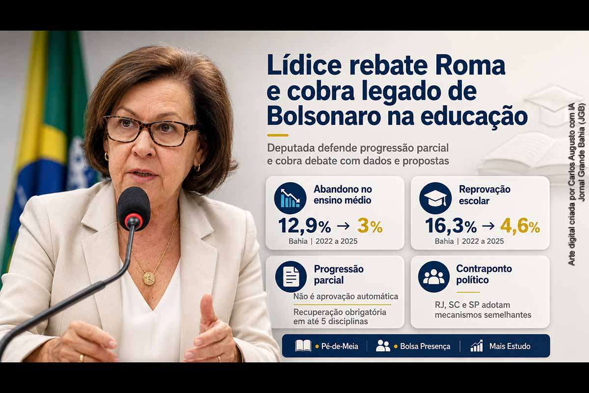Lídice da Mata rebateu João Roma após o dirigente do PL prometer a revogação da progressão parcial na educação baiana. A deputada citou a queda do abandono escolar de 12,9% para 3% e da reprovação de 16,3% para 4,6% entre 2022 e 2025. A controvérsia exige que governo e oposição apresentem dados sobre aprendizagem, recuperação das dependências e alternativas concretas para impedir a evasão escolar.