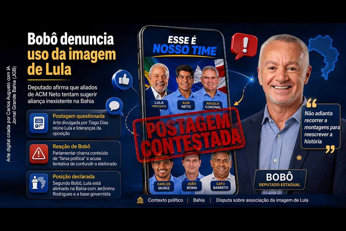 O deputado estadual Bobô acusou aliados de ACM Neto de utilizarem a imagem do presidente Lula em uma publicação divulgada pelo ex-prefeito de Jacobina Tiago Dias, ao lado de João Roma. O parlamentar classificou a peça como tentativa de confundir o eleitorado e reafirmou a aliança entre Lula e Jerônimo Rodrigues. O episódio antecipa a disputa pelo capital político do presidente na eleição baiana de 2026.