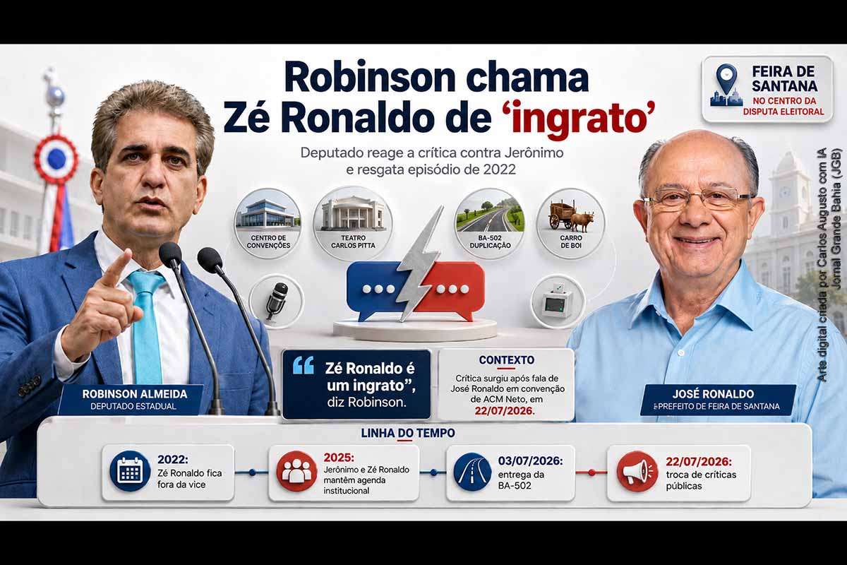 Robinson Almeida acusou José Ronaldo de ingratidão após o prefeito criticar Jerônimo Rodrigues durante a convenção de ACM Neto. O deputado citou obras estaduais realizadas em Feira de Santana e resgatou a crise de 2022, quando Ronaldo não foi escolhido para a vice. O confronto ocorre após um período de cooperação entre Estado e Município e antecipa a disputa política pelo maior colégio eleitoral do interior baiano.