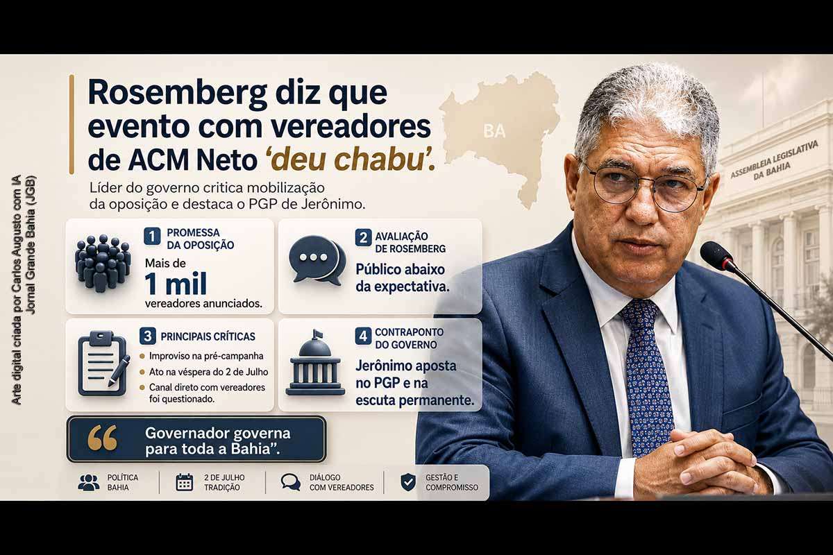 Rosemberg Pinto afirmou que o encontro de ACM Neto com vereadores em Salvador “deu chabu” e frustrou a expectativa criada pela oposição. O líder governista criticou a promessa de canal direto com parlamentares municipais e defendeu o Programa de Governo Participativo de Jerônimo Rodrigues como modelo de escuta territorial. A controvérsia reforça a disputa por narrativa, bases municipais e protagonismo político na Bahia antes de 2026.