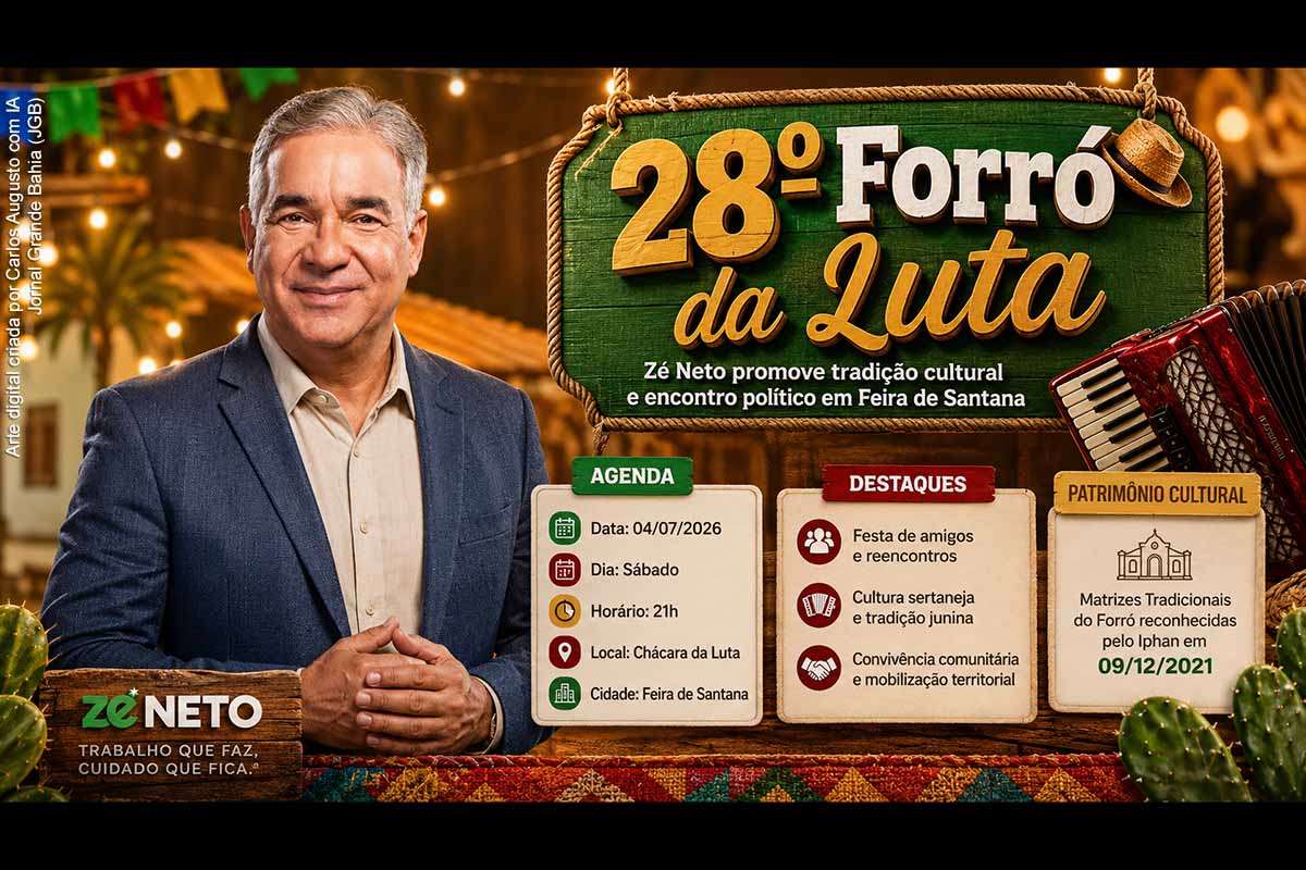 O deputado federal Zé Neto promove em 04/07/2026, às 21h, a 28ª edição do Forró da Luta, na Chácara da Luta, em Feira de Santana. O evento, realizado há quase três décadas e interrompido apenas durante a pandemia, combina cultura sertaneja, reencontros e mobilização territorial. Registros do Jornal Grande Bahia mostram continuidade histórica da festa desde edições anteriores, consolidando sua presença no calendário local.
