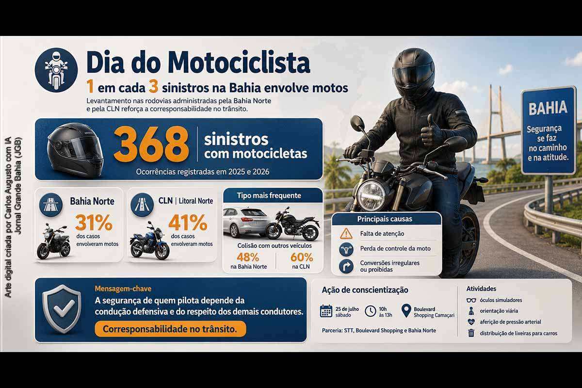 Levantamento da Austra Vias registrou 368 ocorrências com motocicletas nas rodovias administradas pela Bahia Norte e pela Litoral Norte em 2025 e 2026. As motos participaram de 31% dos sinistros no Sistema BA-093 e de 41% na BA-099. Colisões com outros veículos foram predominantes, enquanto falta de atenção, perda de controle e conversões irregulares apareceram entre as principais causas.