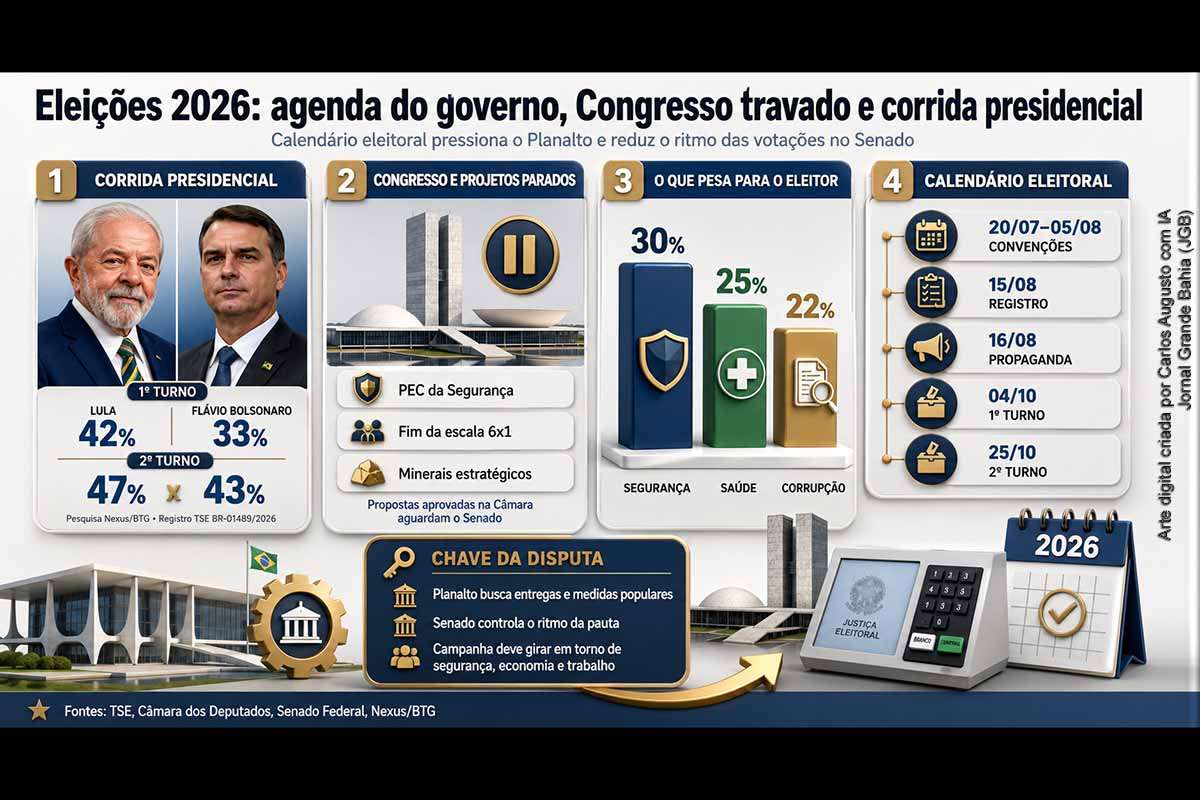 O calendário das Eleições 2026 reduziu o ritmo do Congresso e deixou propostas do governo Lula, como a PEC da Segurança, o fim da escala 6x1 e a política de minerais estratégicos, à espera do Senado. Paralelamente, partidos formalizam candidaturas e pesquisas mostram Lula à frente de Flávio Bolsonaro, mas com segundo turno equilibrado. Segurança, saúde, economia, tarifas comerciais e articulação legislativa deverão orientar a campanha.