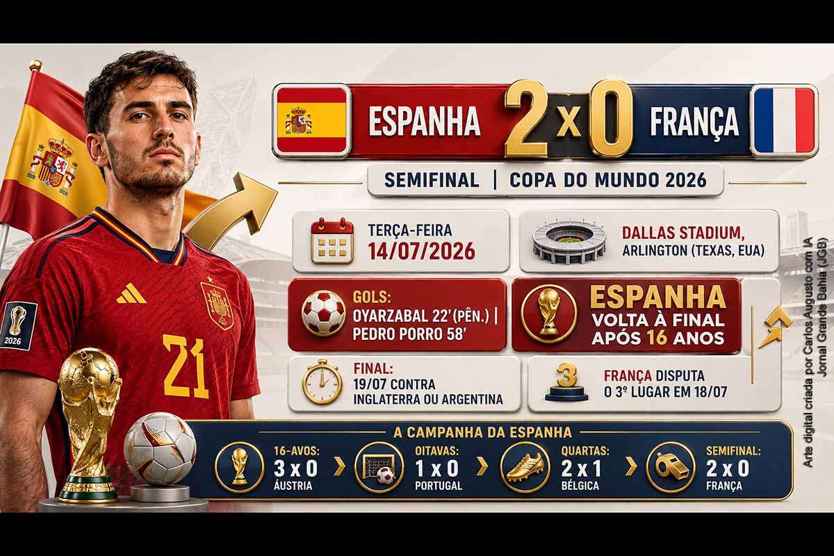A Espanha derrotou a França por 2 a 0 nesta terça-feira (14/07/2026), no Dallas Stadium, e avançou à final da Copa do Mundo. Mikel Oyarzabal marcou de pênalti, e Pedro Porro ampliou após combinação com Dani Olmo. A equipe espanhola retorna à decisão após 16 anos e enfrentará Inglaterra ou Argentina. A França disputará o terceiro lugar em Miami.