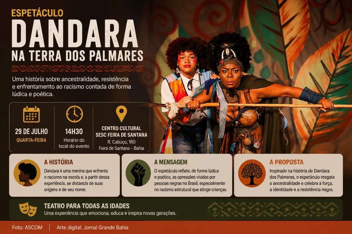 Peça será encenada na quarta-feira (29/07/2026), às 14h30, no Centro Cultural Sesc, abordando a trajetória de uma menina que enfrenta o racismo e redescobre sua identidade.
