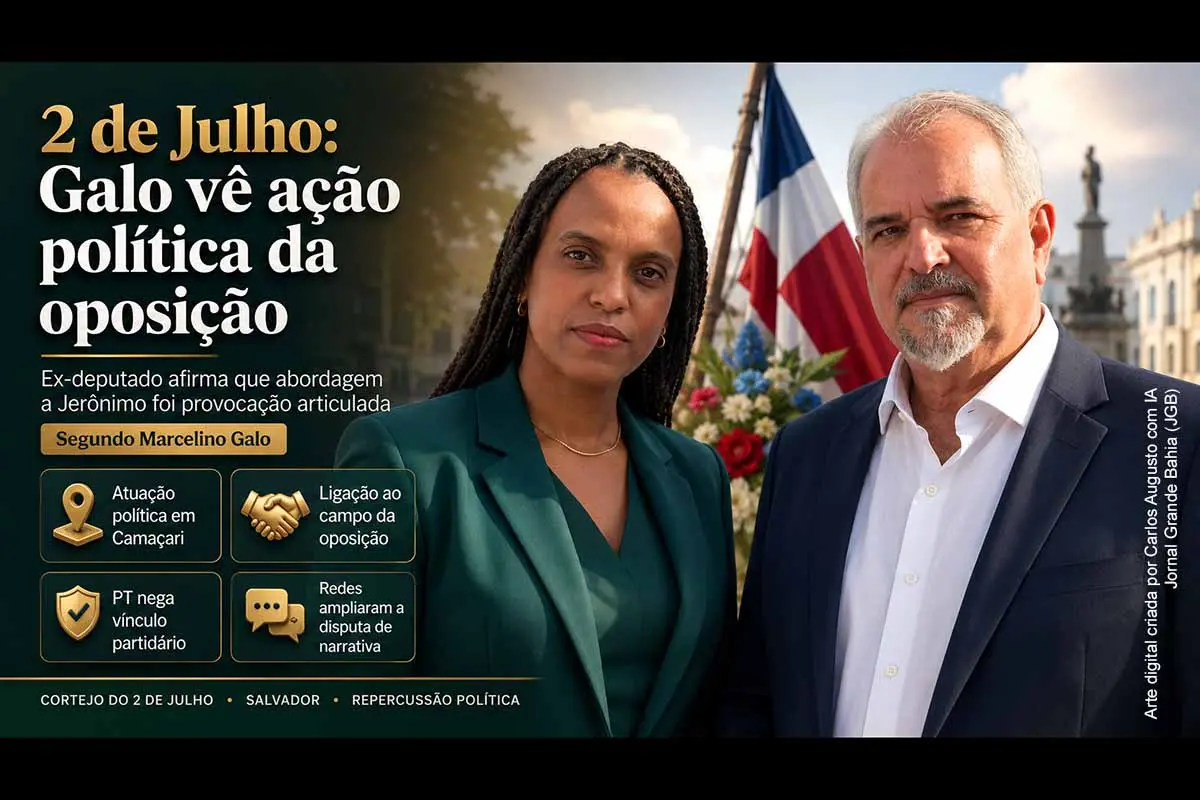 Marcelino Galo afirmou que o episódio envolvendo Jerônimo Rodrigues no cortejo do 2 de Julho foi explorado politicamente pela oposição. O ex-deputado atribuiu a abordagem de Cristiele Santos a uma disputa de narrativa, citou vínculos políticos em Camaçari e negou ligação da mulher com o PT. O caso exige apuração documental, manifestação dos citados e acompanhamento sobre o uso político das imagens.