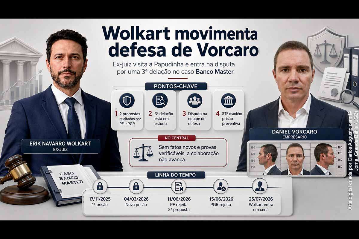 O ex-juiz federal Erik Navarro Wolkart visitou Daniel Vorcaro na Papudinha e negocia com a família uma possível entrada na defesa do ex-controlador do Banco Master. A movimentação ocorre após duas propostas de delação rejeitadas pela PF e pela PGR e em meio a divergências envolvendo Sérgio Leonardo e Cezar Bitencourt. Uma nova colaboração dependerá da apresentação de fatos inéditos, provas verificáveis e informações úteis às investigações.