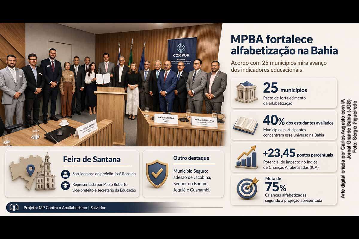 Sob a liderança do prefeito José Ronaldo, Feira de Santana, representada pelo vice-prefeito e secretário da Educação Pablo Roberto, aderiu ao acordo do MPBA com 25 municípios pela alfabetização. As redes concentram 40% dos estudantes avaliados e podem influenciar em 23,45 pontos percentuais o índice estadual. O pacto prevê avaliação, formação docente e monitoramento. Jacobina, Senhor do Bonfim, Jequié e Guanambi também aderiram ao Município Seguro