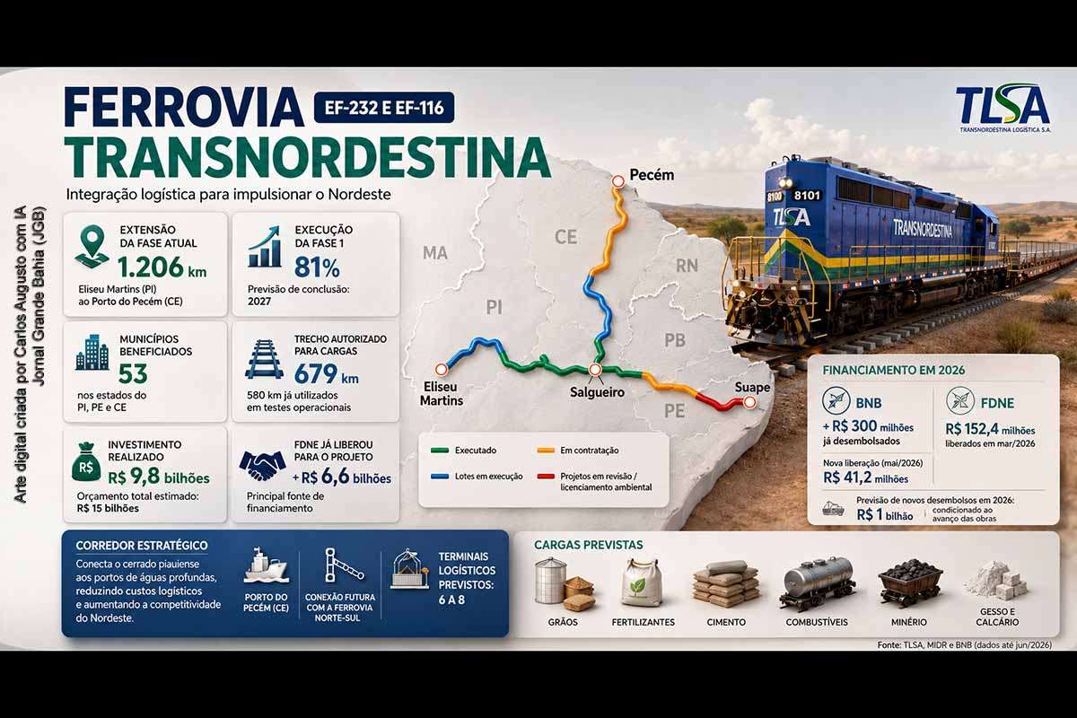 A Ferrovia Nova Transnordestina avança como obra estratégica para integrar o interior produtivo do Nordeste ao Porto do Pecém, com cerca de 81% da fase 1 concluída e novos aportes do FDNE. O projeto, conduzido pela TLSA no eixo Piauí–Ceará, enfrenta desafios financeiros, ambientais e institucionais. O trecho Salgueiro–Suape segue como ponto sensível, dependente de estudos, decisões públicas e controle do TCU.