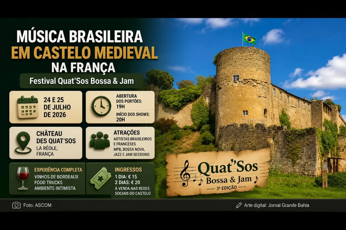 Evento será realizado no Château des Quat'Sos, em La Réole, reunindo músicos brasileiros e franceses em uma programação voltada à diversidade da música brasileira.