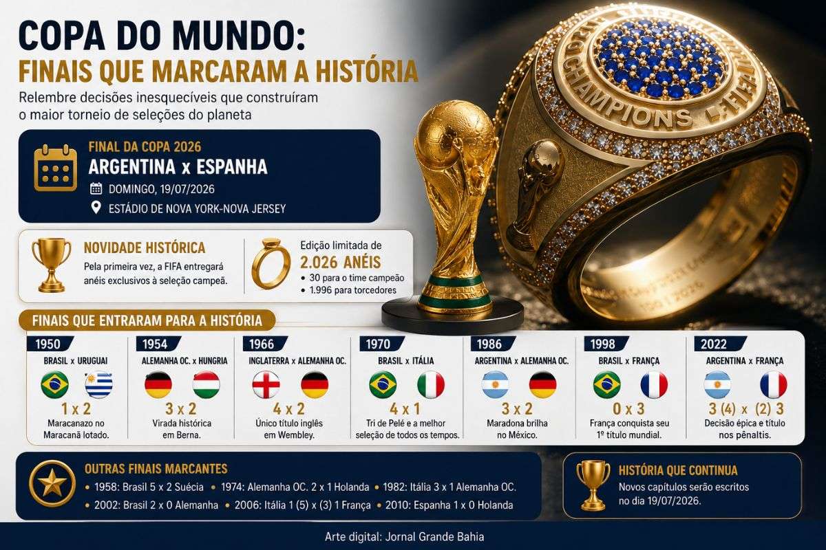 De Brasil x Uruguai em 1950 a Argentina x França em 2022, finais da Copa do Mundo da FIFA construíram momentos que transformaram a história do futebol e antecedem a decisão do Mundial de 2026.