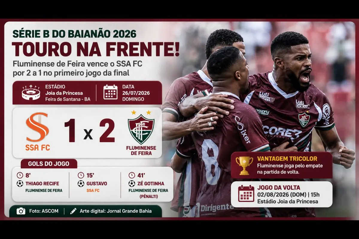 Com gols de Thiago Recife e Zé Gotinha, o Touro do Sertão derrota o SSA FC no domingo (26/07/2026) e joga pelo empate no confronto decisivo da Série B do Campeonato Baiano.
