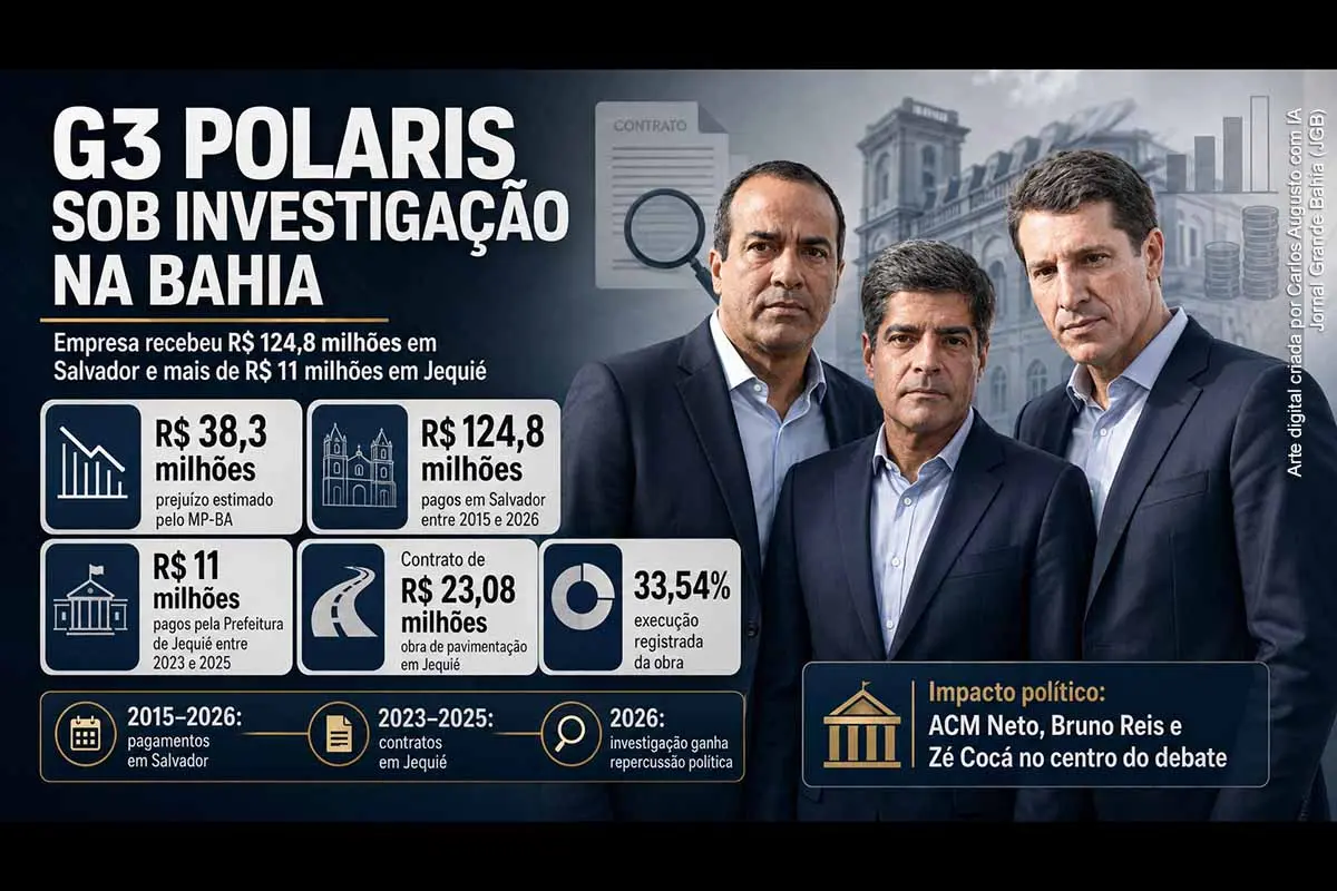 A G3 Polaris, investigada pelo Gaeco por possíveis irregularidades em contratos de Salvador, recebeu mais de R$ 11 milhões da Prefeitura de Jequié entre 2023 e 2025, durante a gestão de Zé Cocá. A empresa acumulou R$ 124,8 milhões na capital baiana. Não há investigação anunciada sobre Jequié, mas uma obra de R$ 23 milhões permanece oficialmente classificada como em andamento, exigindo esclarecimentos sobre prazos, pagamentos e execução.