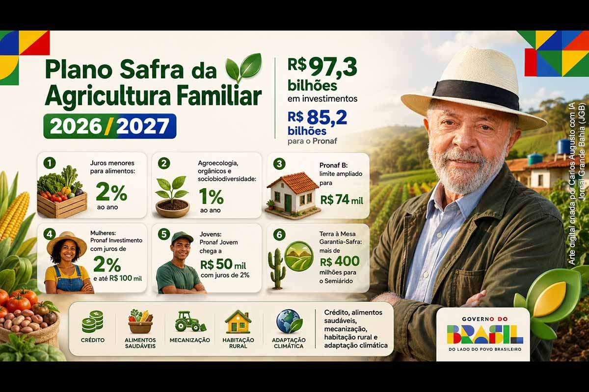 O Governo Lula anunciou o Plano Safra da Agricultura Familiar 2026/2027, com R$ 97,3 bilhões em políticas para o campo, sendo R$ 85,2 bilhões destinados ao Pronaf. O programa reduz juros para produção de alimentos, agroecologia e mecanização, amplia crédito para mulheres, jovens, assentados e comunidades tradicionais, cria linha de habitação rural e prevê ações de regularização fundiária, assistência técnica e adaptação climática.