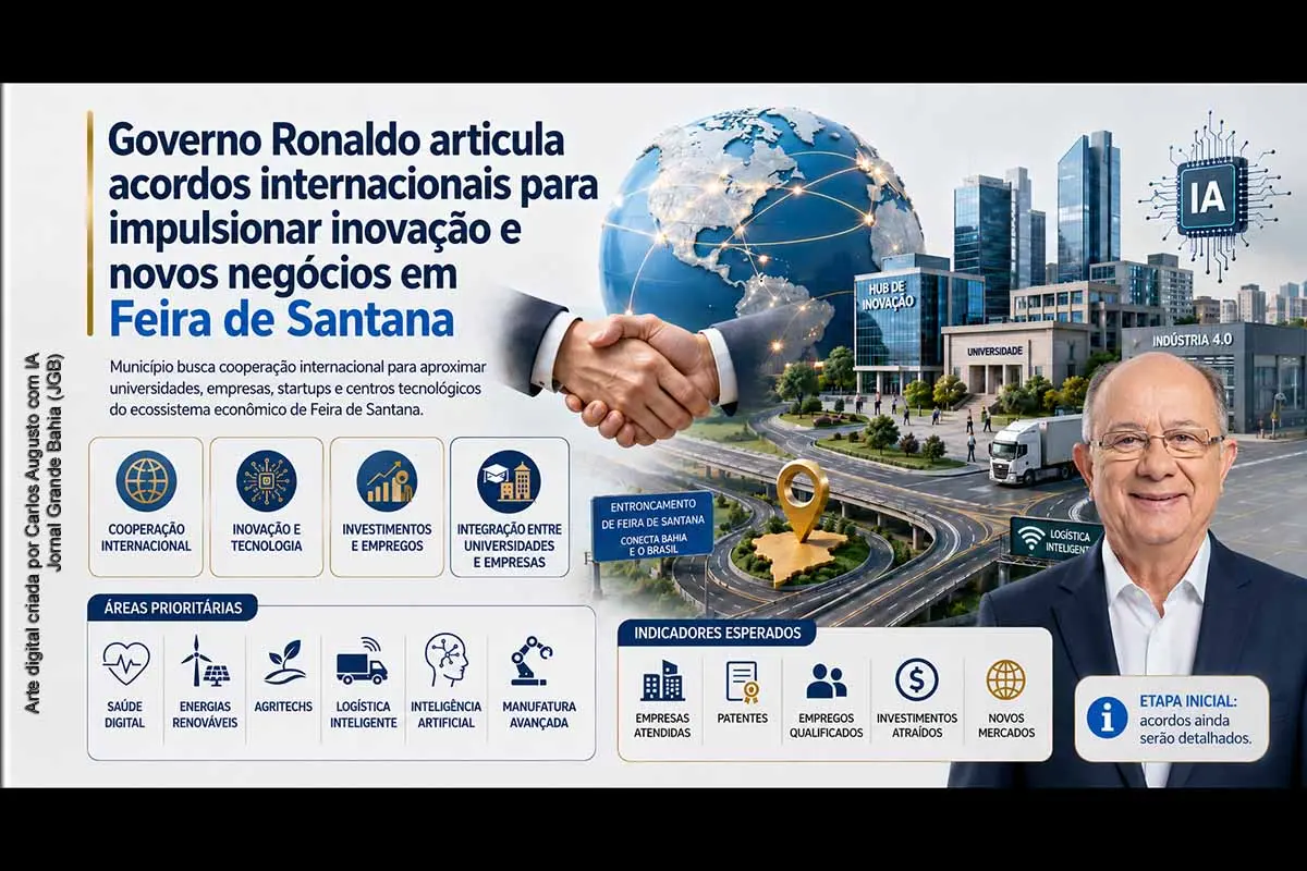 A Prefeitura de Feira de Santana pretende firmar acordos internacionais para fortalecer o ecossistema local de inovação. A iniciativa poderá envolver universidades, centros tecnológicos, empresas, startups e investidores. Países, valores, cronogramas e metas ainda precisam ser divulgados. O sucesso dependerá da conversão das parcerias institucionais em projetos concretos, transferência de tecnologia, novos negócios, empregos qualificados e diversificação da economia municipal.