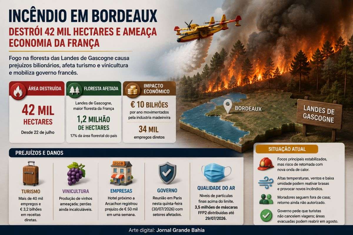 Autoridades francesas convocaram reunião com setores produtivos após incêndio atingir a floresta das Landes de Gascogne, afetando a indústria madeireira, o turismo e a produção de vinhos.