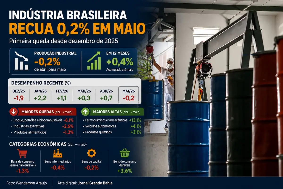 Dados do IBGE mostram retração mensal da produção industrial, influenciada pelos setores de petróleo, biocombustíveis e indústria extrativa, enquanto farmacêuticos e veículos registraram crescimento.