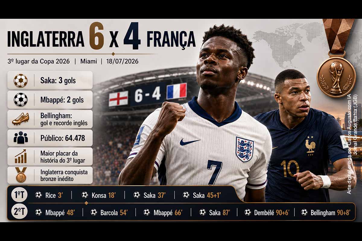 A Inglaterra venceu a França por 6 a 4, em Miami, e conquistou o terceiro lugar da Copa do Mundo de 2026. Bukayo Saka marcou três gols, Kylian Mbappé chegou a 22 gols em Mundiais e Jude Bellingham estabeleceu um recorde inglês. O confronto teve a maior quantidade de gols já registrada em uma disputa pelo bronze e marcou a despedida de Didier Deschamps após 14 anos no comando francês.